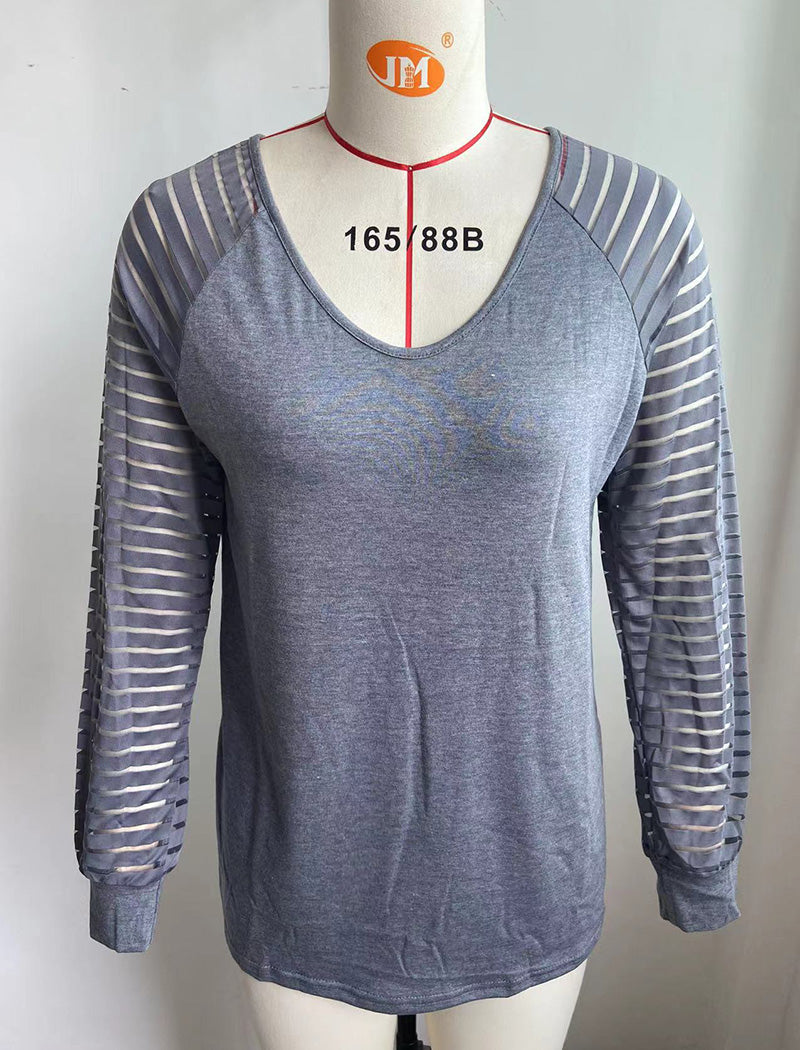 Striped Sleeve V-Neck Long Sleeve Tee