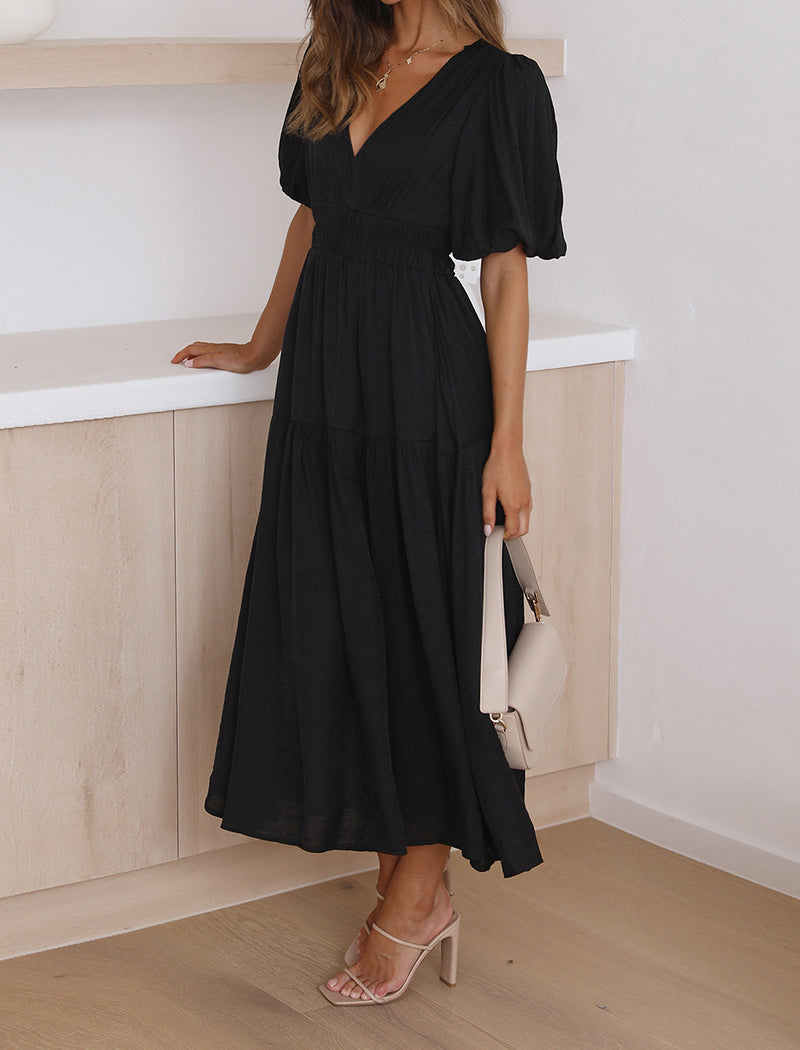 Puff Sleeve V-Neck Maxi Dress