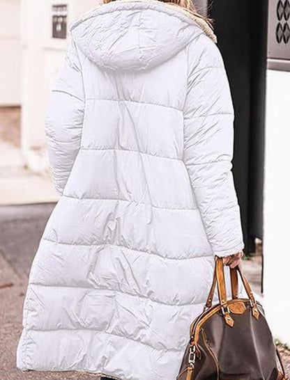 Long Hooded Puffer Coat with Quilted Design