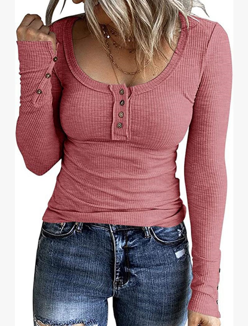 Henley Ribbed Long Sleeve Top