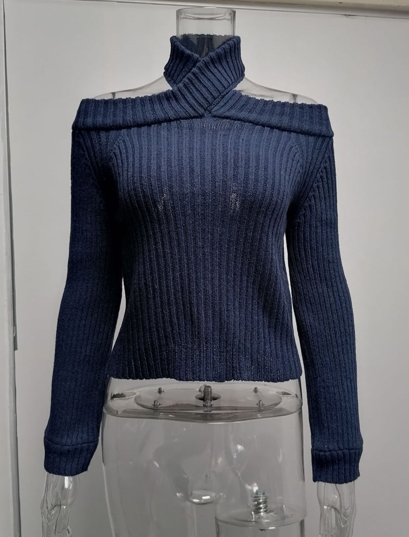 Cold Shoulder Ribbed Knit Cropped Sweater