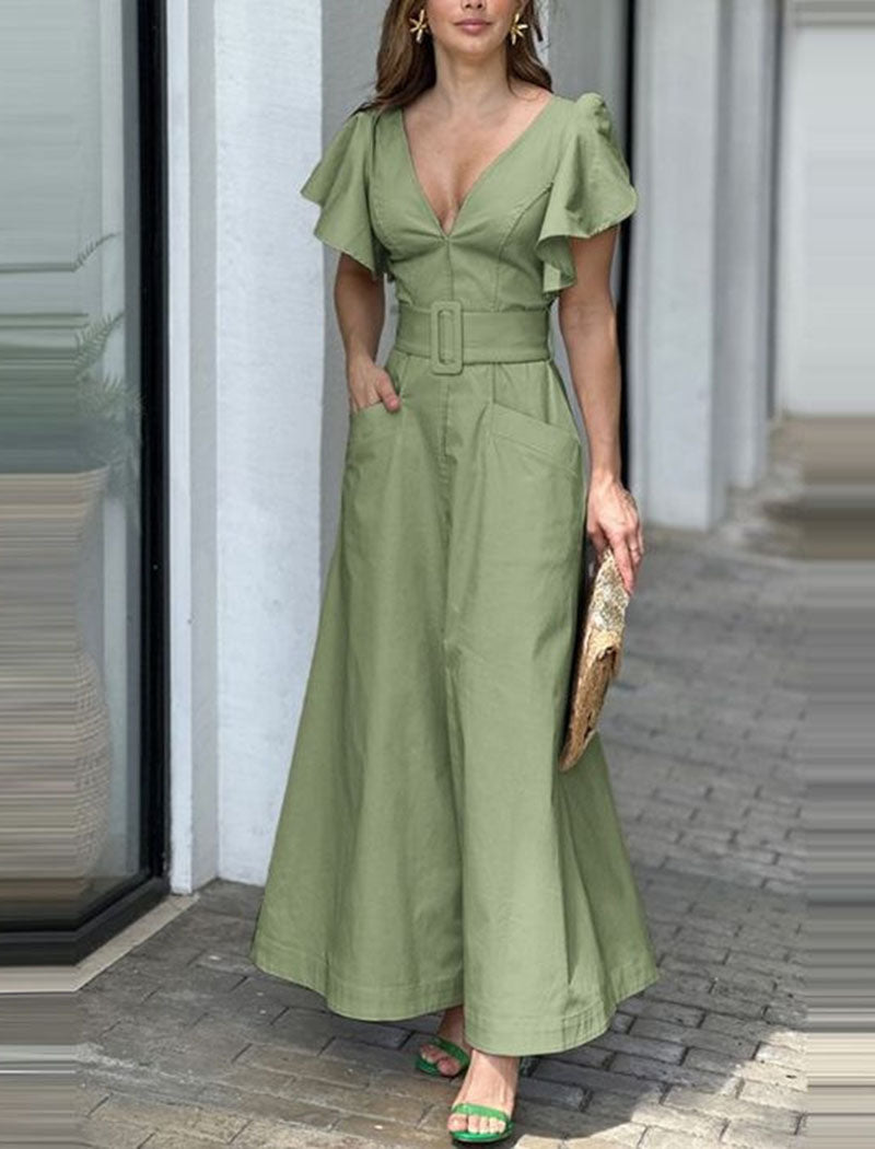 Ruffled Sleeve Belted Maxi Dress