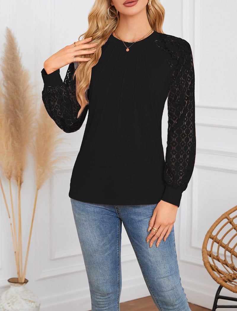 Lace Sleeve Pleated Blouse