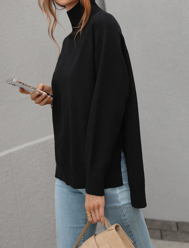 Solid High-Neck Knit Sweater with Side Slits