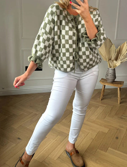 Checkered Knit Cardigan with Lace-Up Front