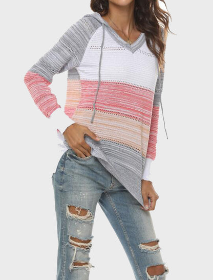 Striped V-Neck Knit Hooded Sweater