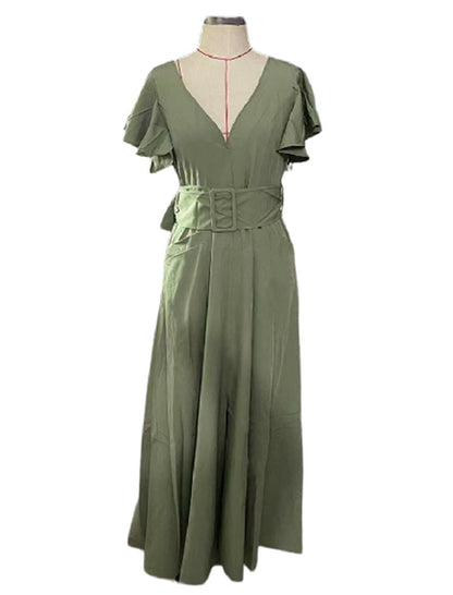 Ruffled Sleeve Belted Maxi Dress