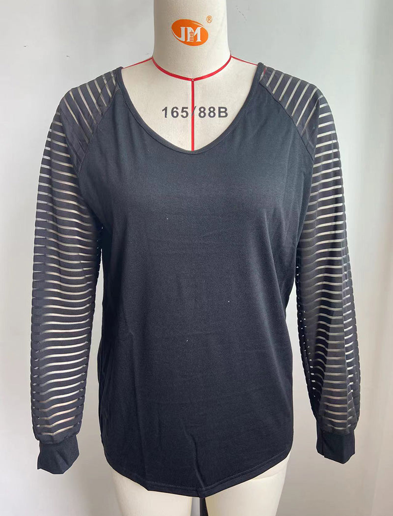 Striped Sleeve V-Neck Long Sleeve Tee