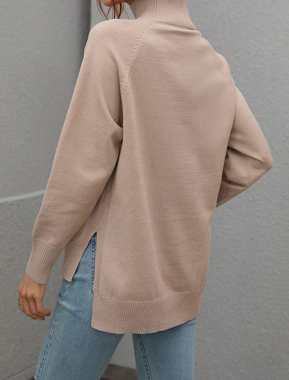 Solid High-Neck Knit Sweater with Side Slits