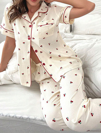 Cherry Print Top and Shorts Lounge Pajamas Set