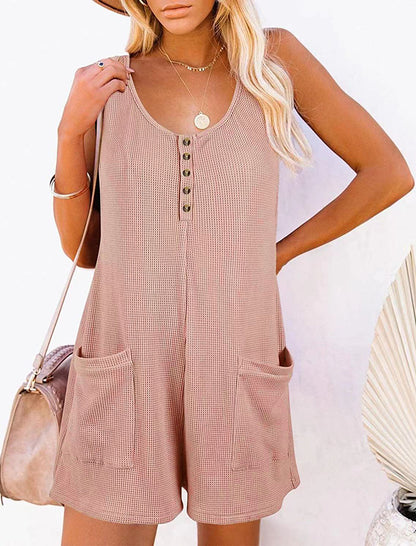 Sleeveless Button-Up Romper with Pockets
