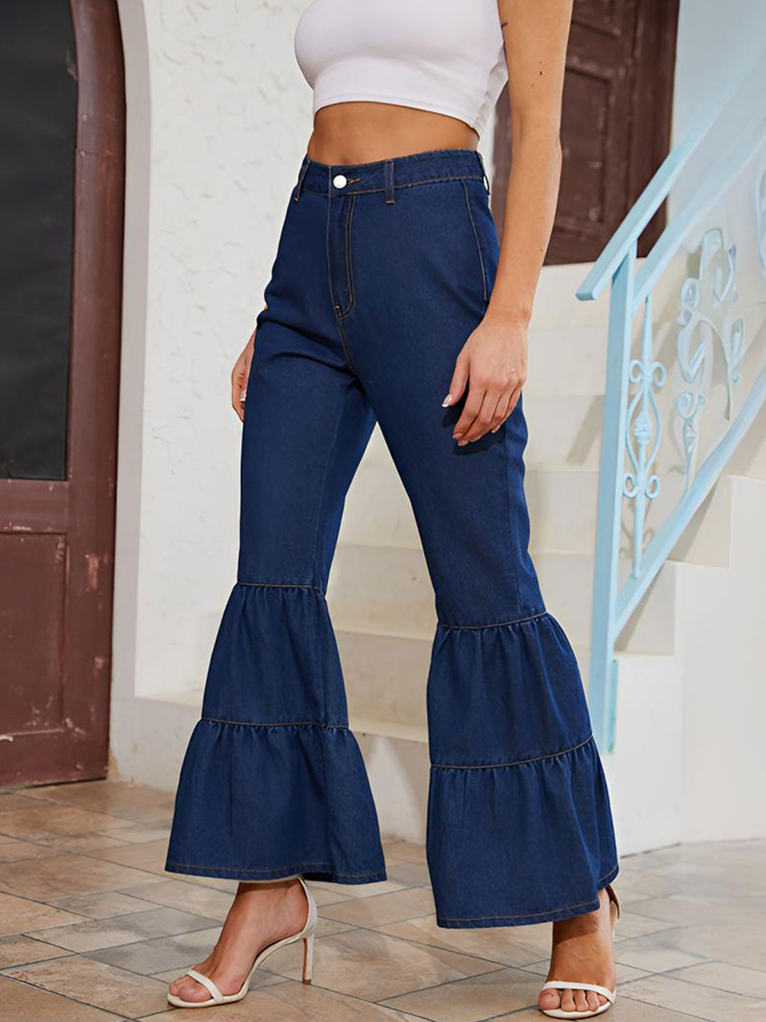 High-Rise Tiered Flared Jeans