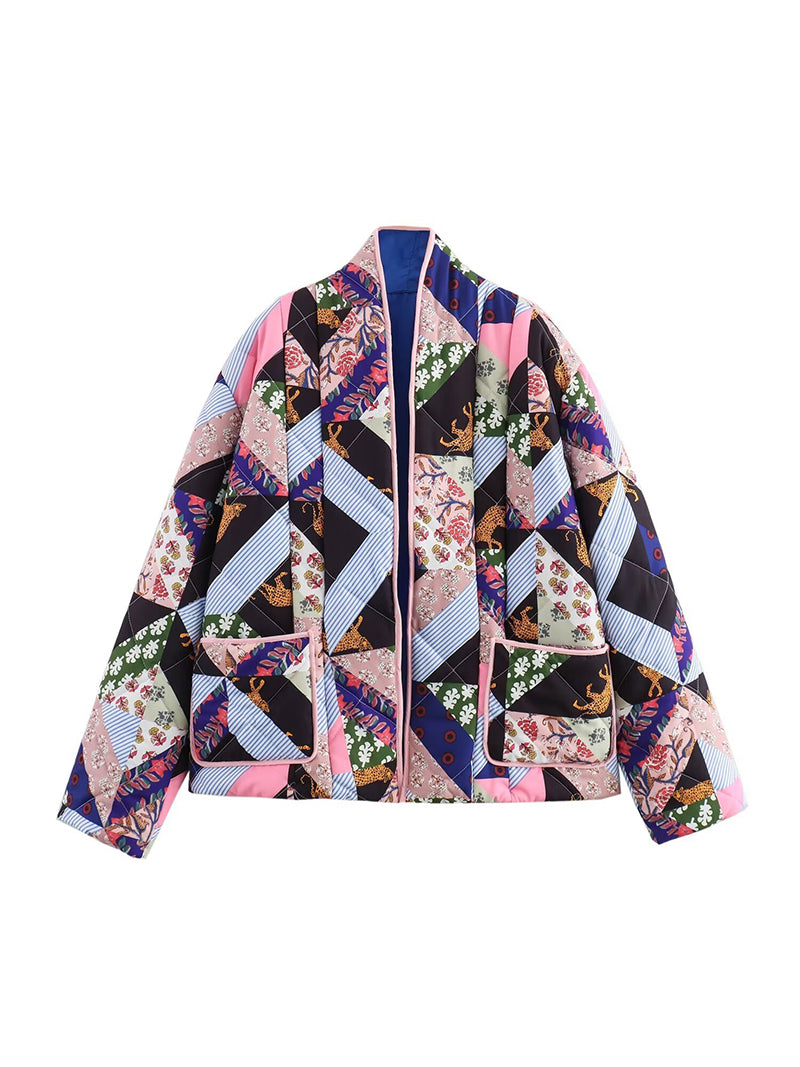 Patchwork Quilted Open-Front Jacket