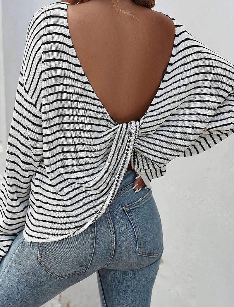 Striped Long Sleeve Backless Top