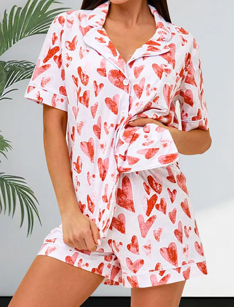 Button-Up Heart Print Short Pajama Set