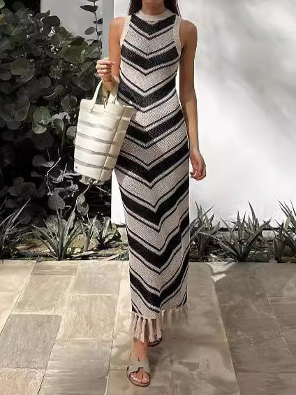 Chevron Pattern Fringe Maxi Dress