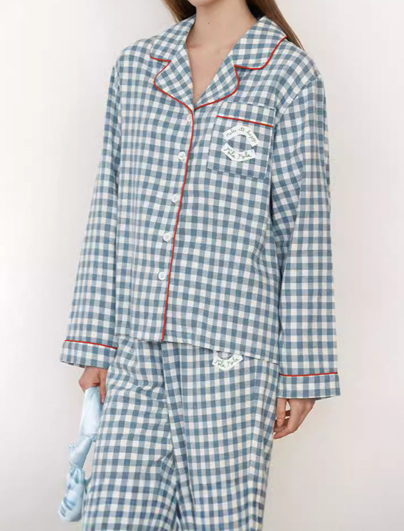 Plaid Long Sleeve Loose Top and Pants Pajama Set