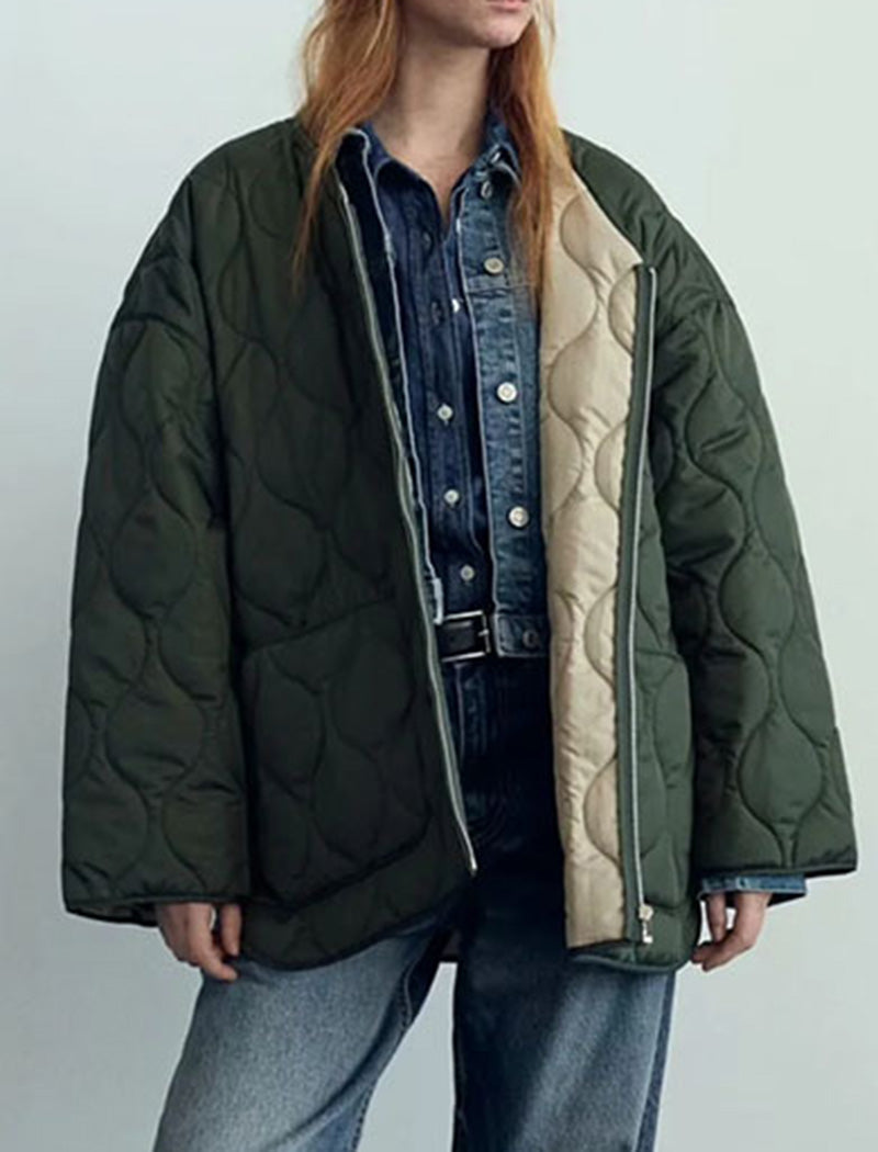 Oversized Quilted Jacket with Contrast Trim