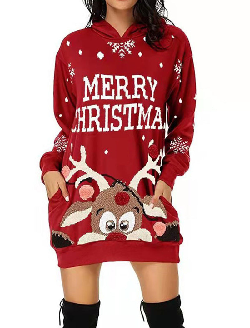 Reindeer Graphic Christmas Hoodie Dress