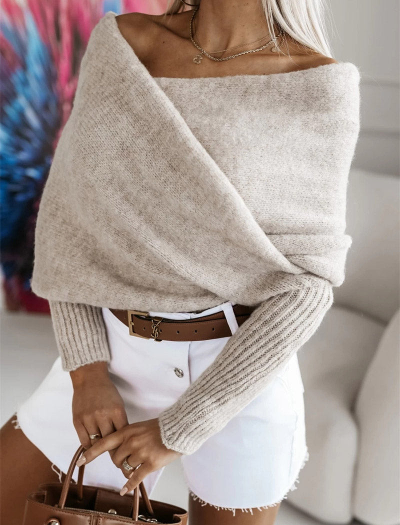 Off-Shoulder Wrap Style Knit Sweater