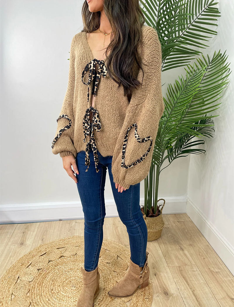 Tie-Front Knit Sweater with Heart Accents
