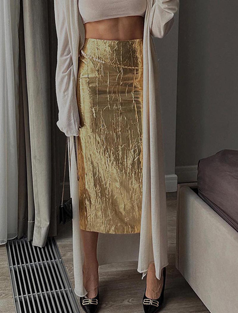 High-Rise Metallic Midi Skirt