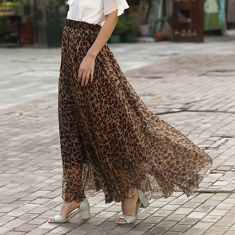 High-Waist Leopard Print Chiffon Skirt