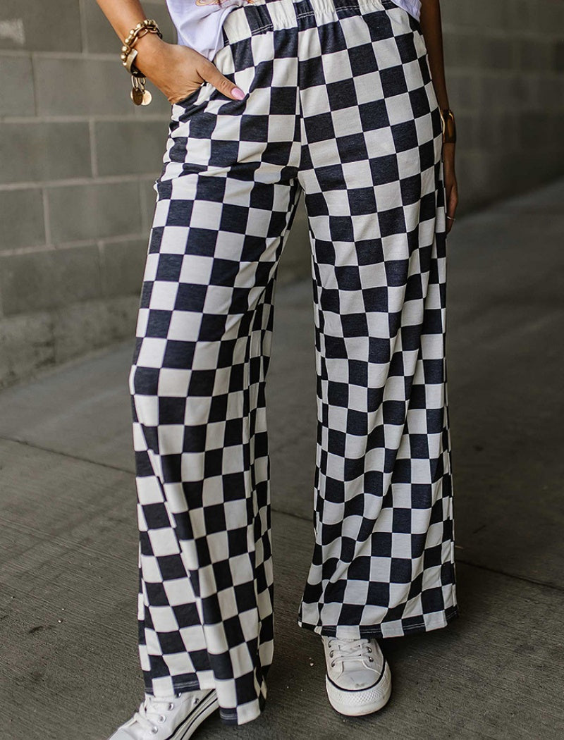 Checkered High-Waisted Wide-Leg Pants