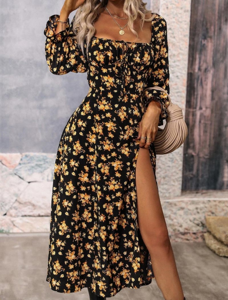 Floral Long Sleeve Backless Dress