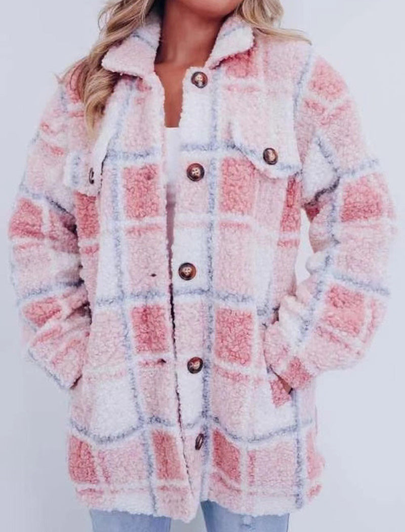 Plaid Pattern Oversized Sherpa Jacket