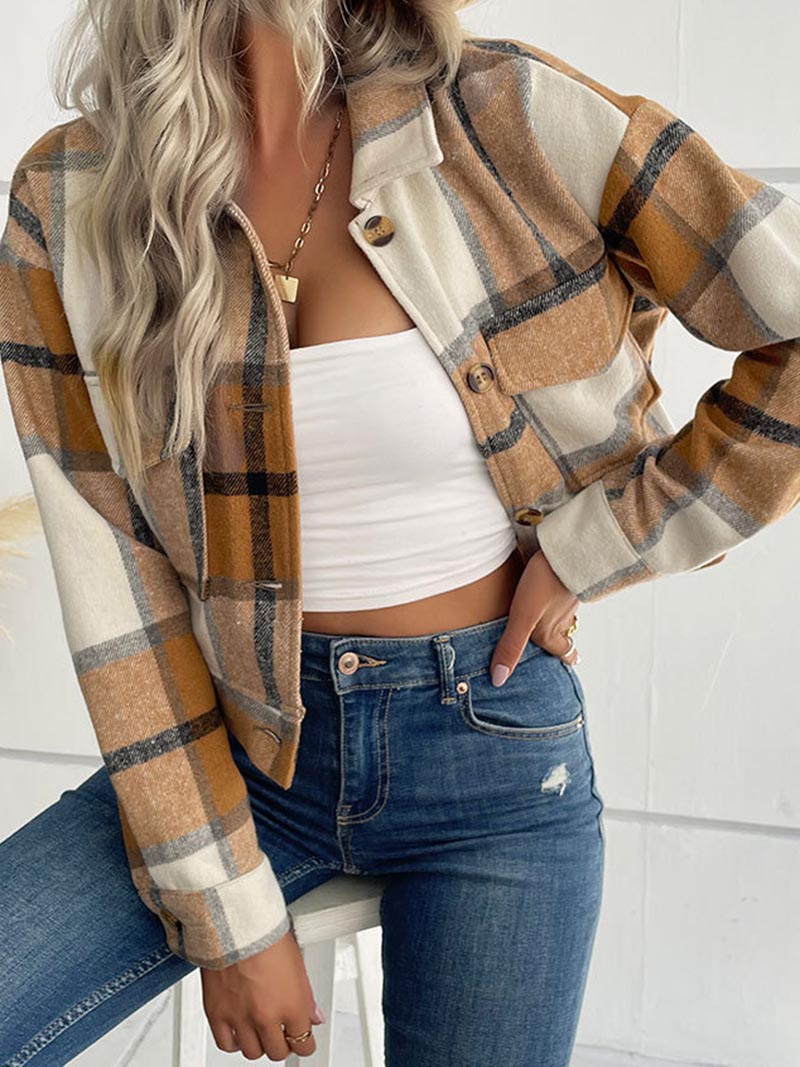 Plaid Button-Up Cropped Jacket