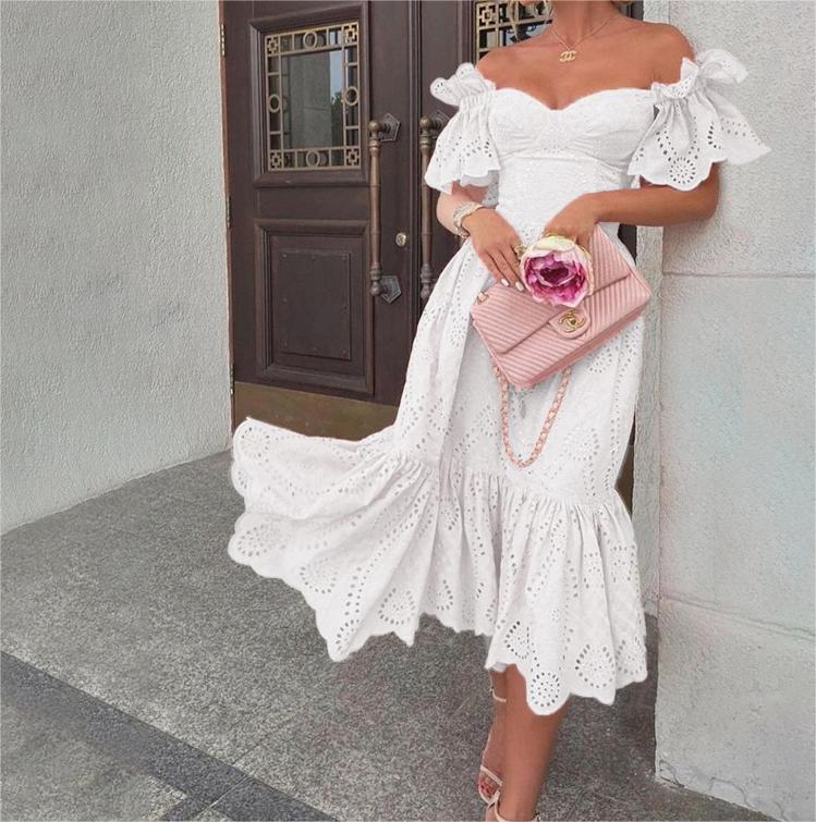 Eyelet Off-Shoulder Midi Dress