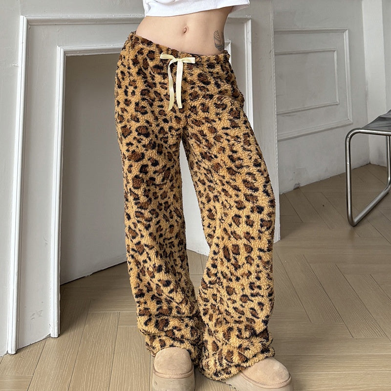 Leopard Print Tie-Waist Fuzzy Pants