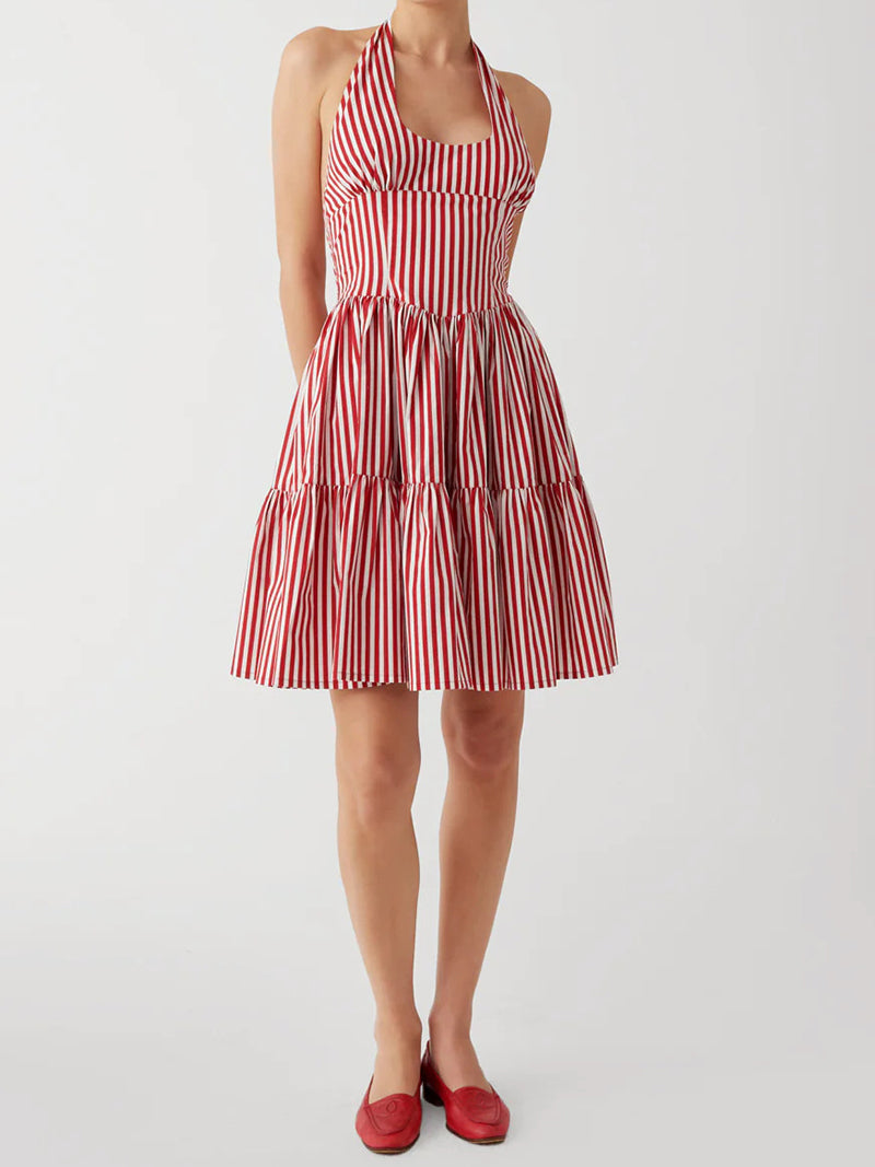 Striped Halter Backless Mini Dress