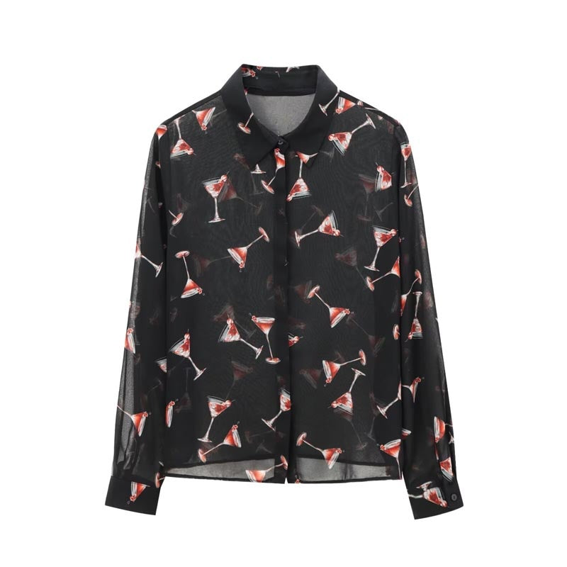 Semi-Transparent Printed Button-Up Long Sleeve Shirt