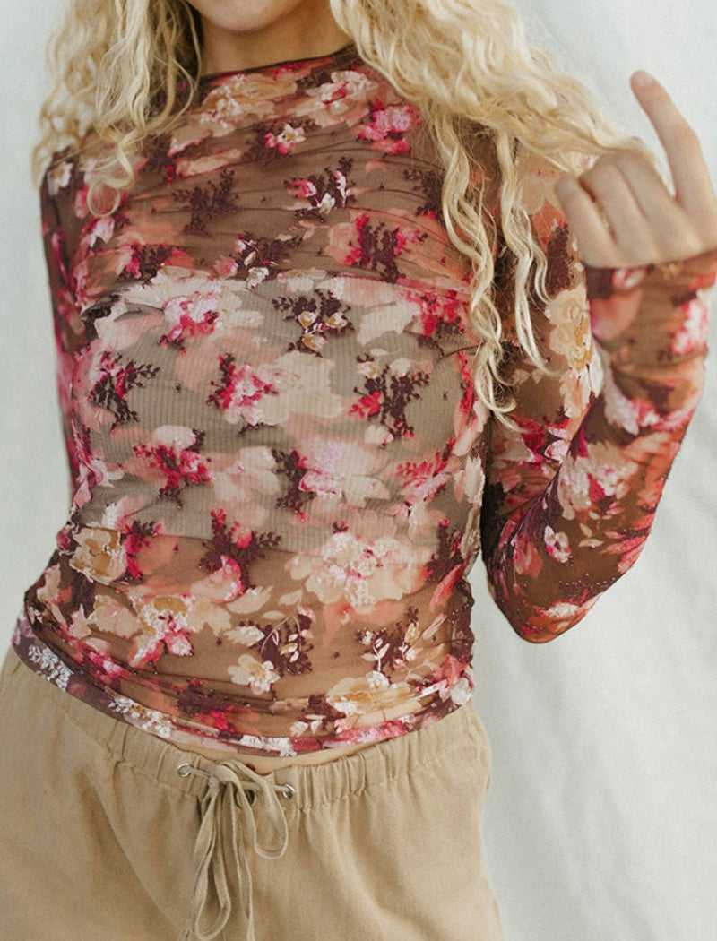 Floral Print Sheer Mesh Long-Sleeve Top