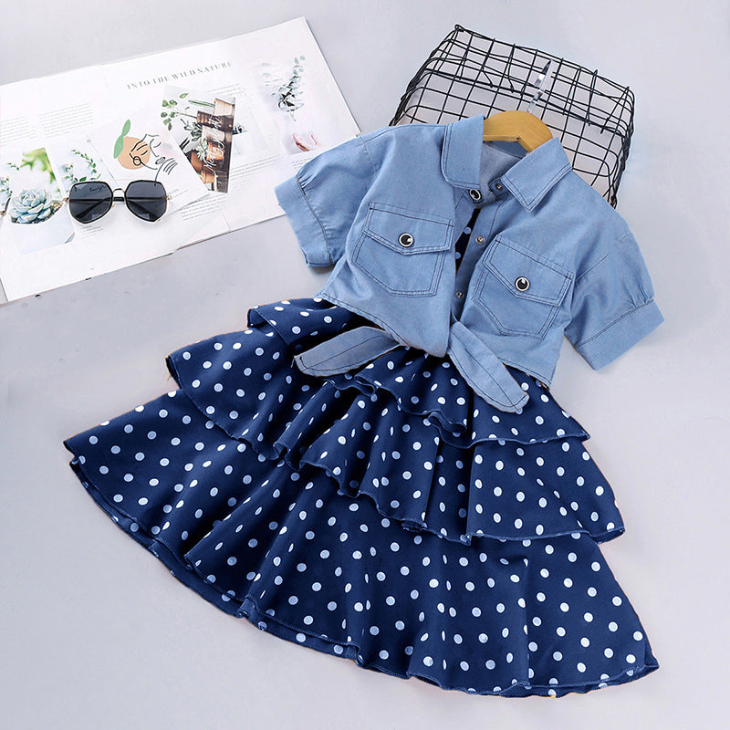 Denim Shirt and Polka Dot Layered Mini Skirt Set (Kids)