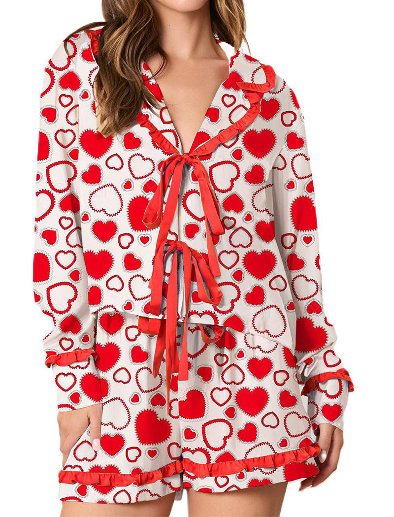 Heart Print Ruffled Pajama Set