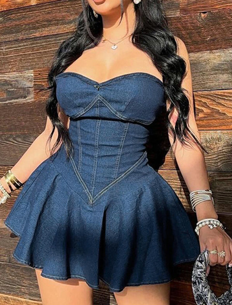 Flared Hem Strapless Denim Mini Dress