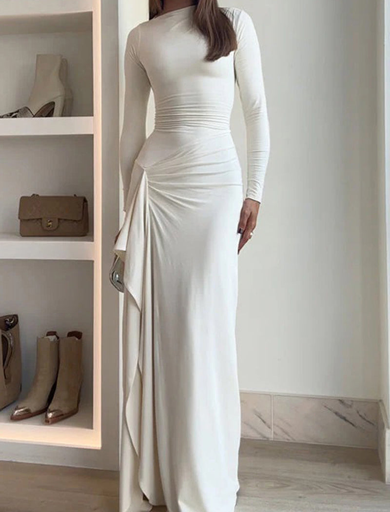 Long-Sleeve Fitted Maxi Dress with Ruched Detail