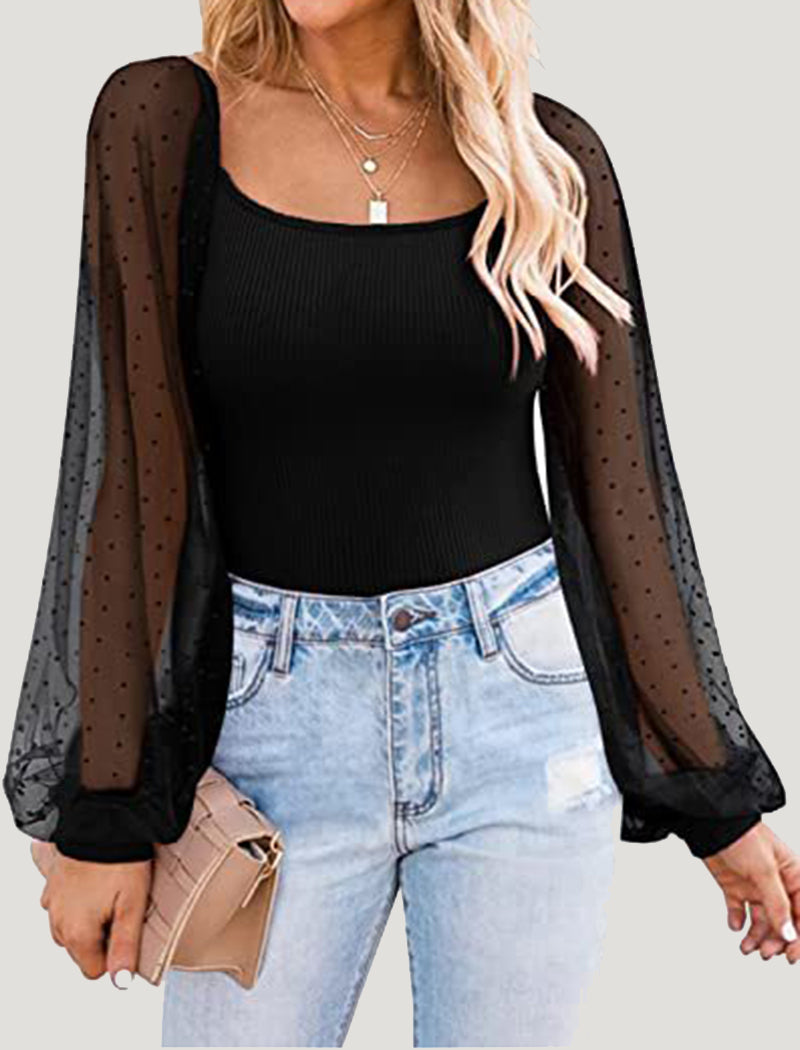 Sheer-Sleeve Fitted Top