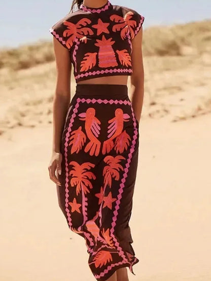 Graphic Print Crop Top and Skirt Set