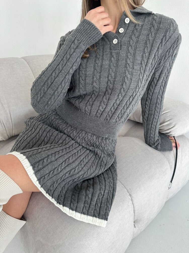 Ribbed Buttoned Sweater and Mini Skirt Set