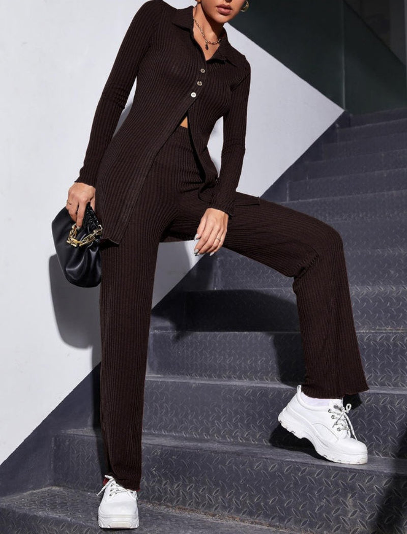 Buttoned Ribbed Two-Piece Knit Set