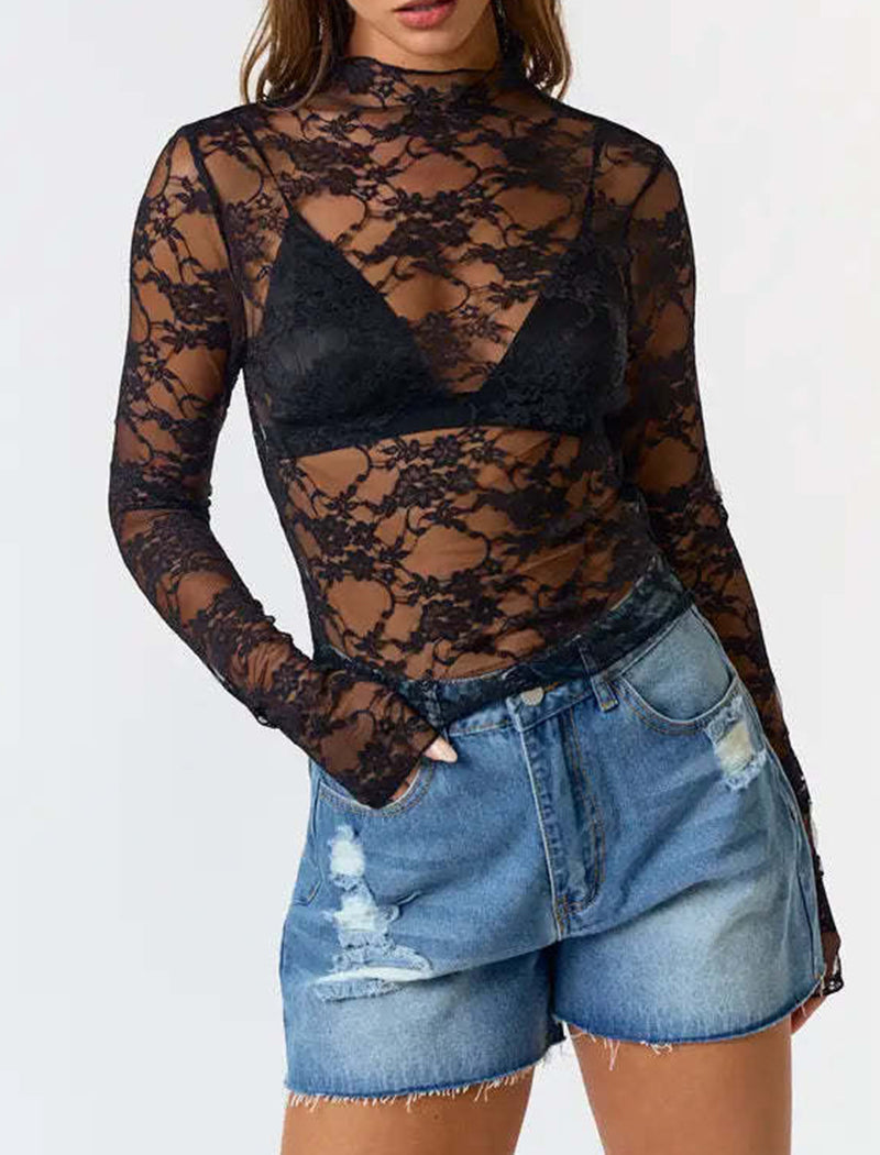 Sheer Floral Lace Top with Mock Neck