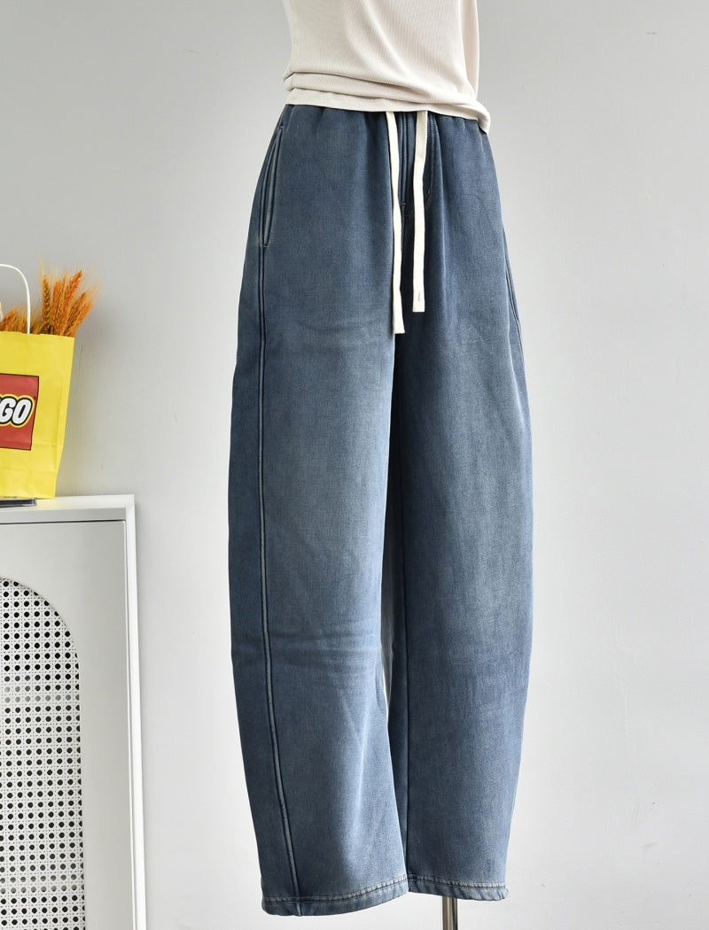 Wide-Leg Denim Drawstring Pants