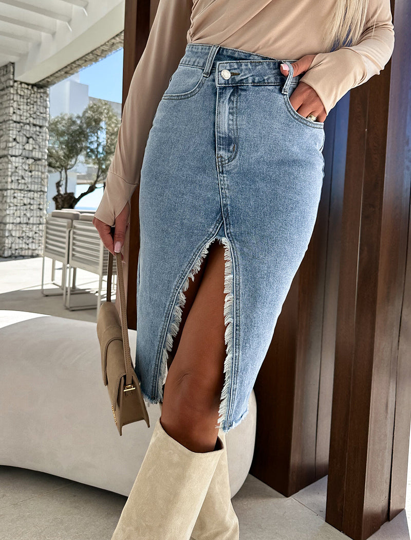 Casual Solid Denim Pencil Skirt