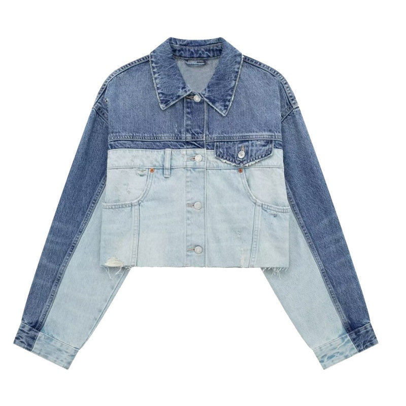 Colorblock Cropped Denim Jacket