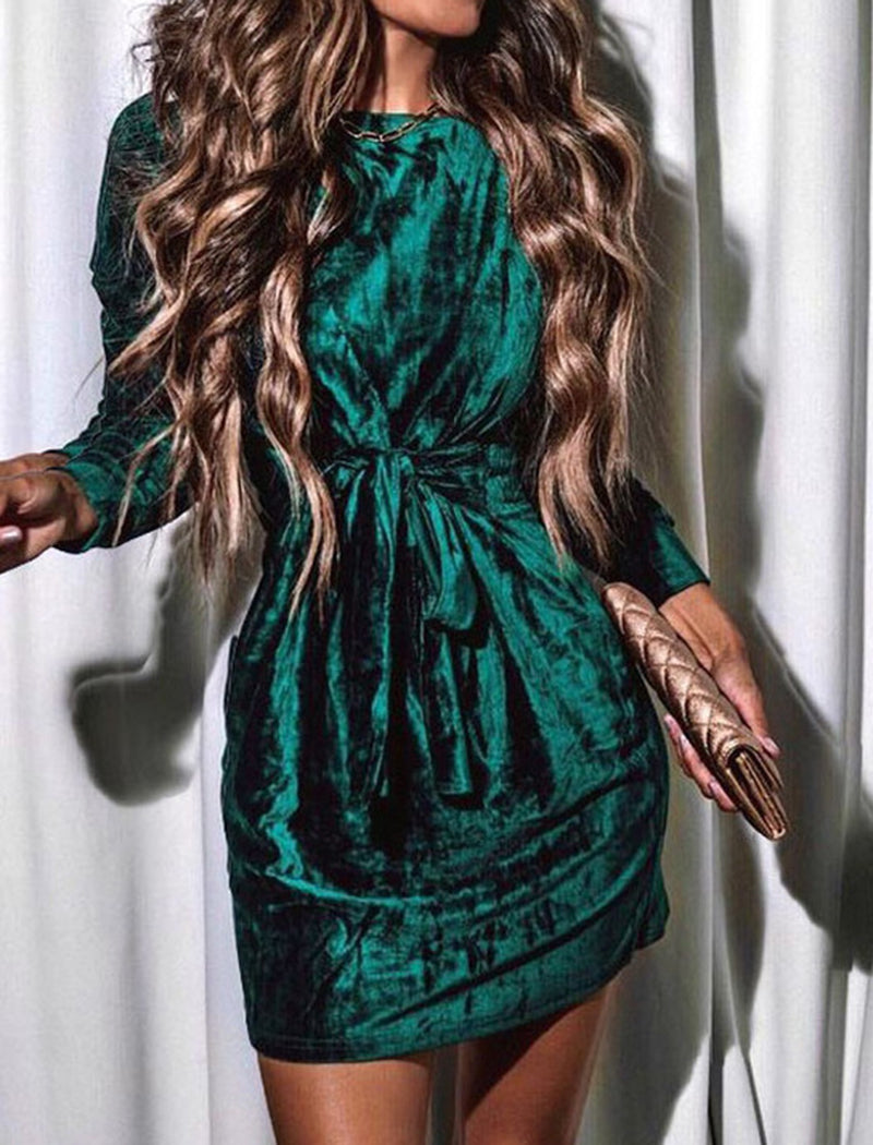 Velvet Wrap Long-Sleeve Mini Dress