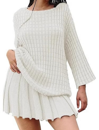 Knitted Striped Sweater and Pleated Skirt Set